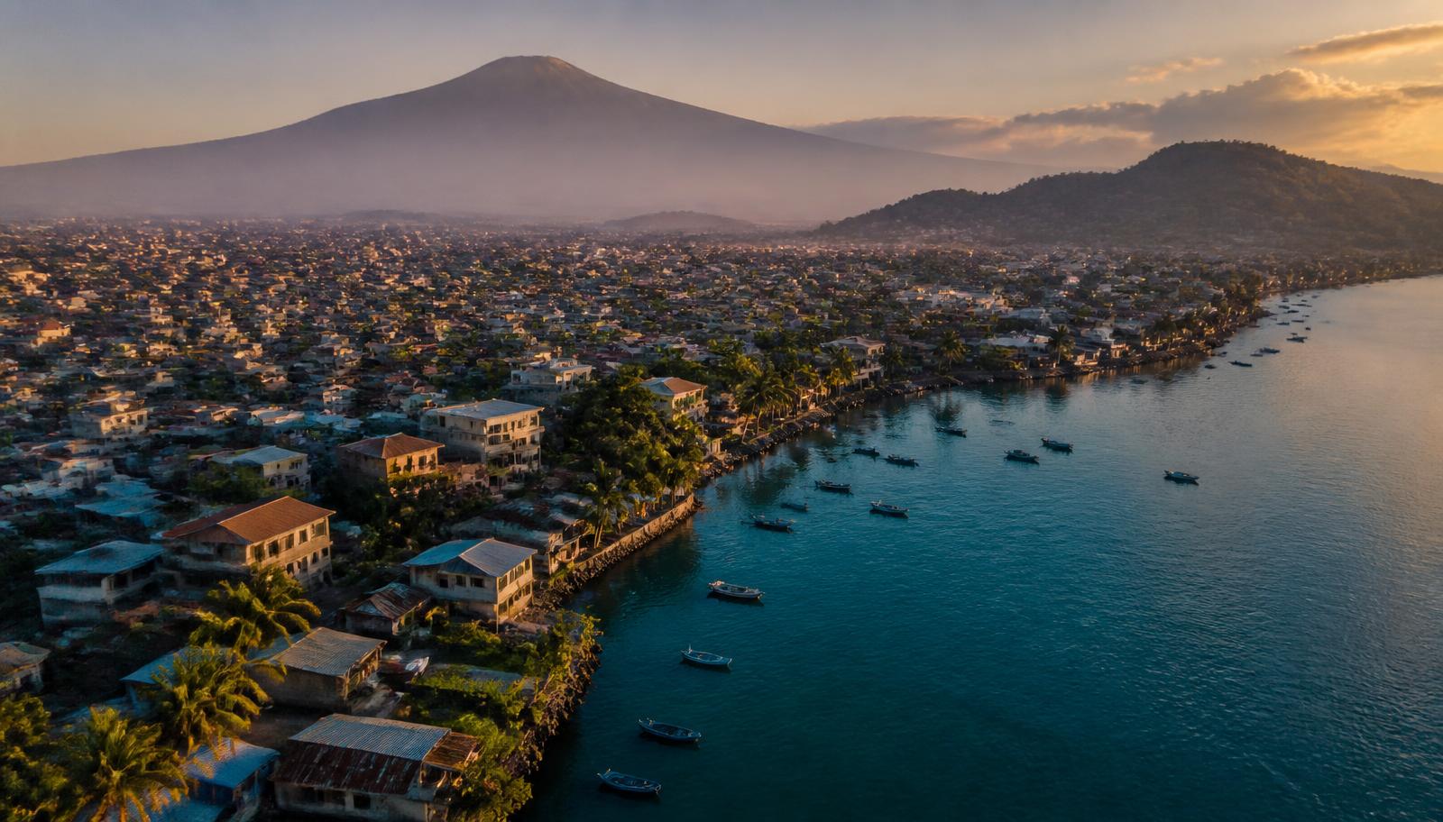 Vue aérienne de Goma au bord du lac Kivu au lever du jour